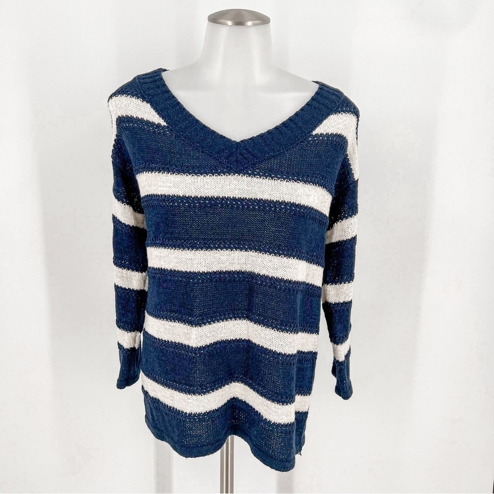 Maurices Navy Blue White Striped V-Neck Open Back Sweater